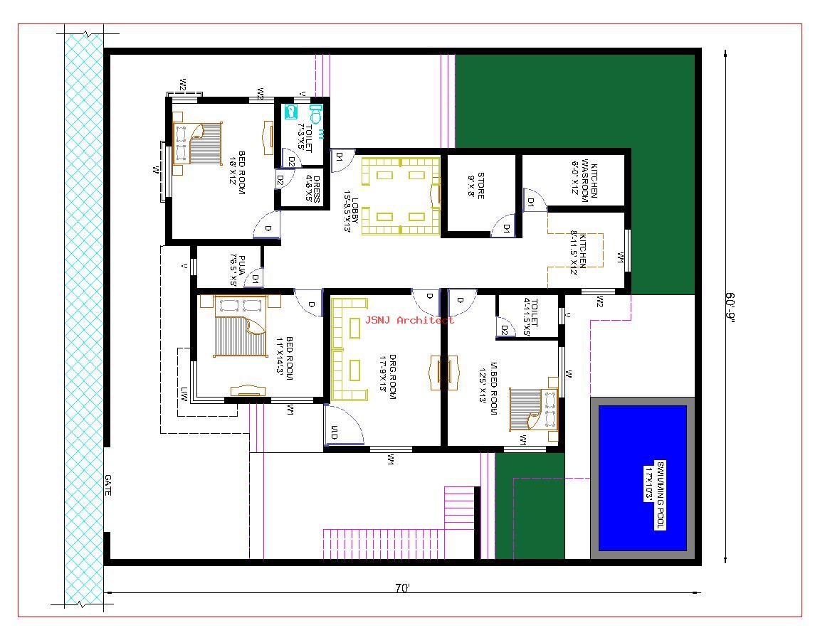 Modern 3-Bedroom House Plan with Swimming Pool | 60â€™ Ã— 70â€™ Plot